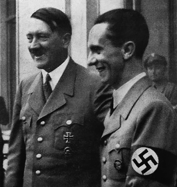Adolf Hitler and Joseph Goebbels on the balcony of the Propagandaministerium on the occasion of Goebbel's birthday 
